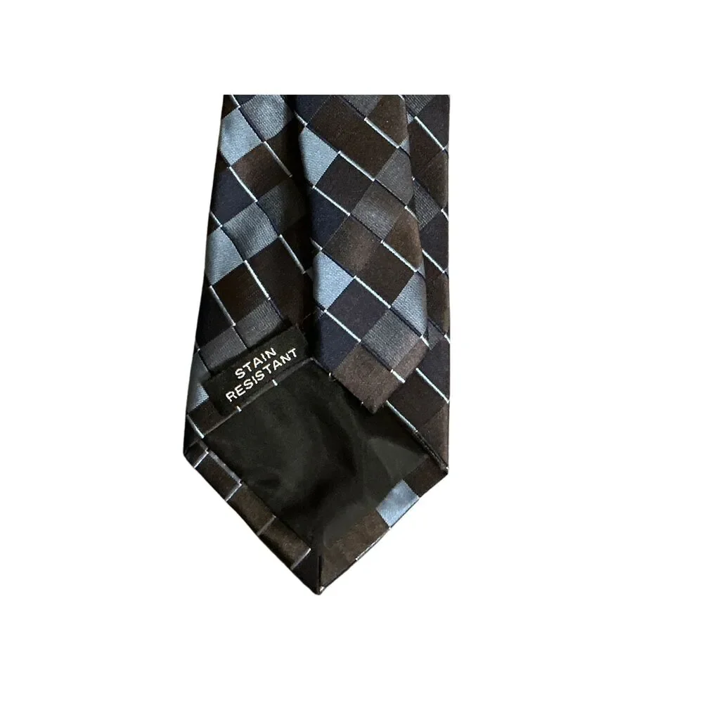 Van Heusen Mens Necktie 49”L 3”W Blue Brown Geometric Plaid Stain Resistant Tie